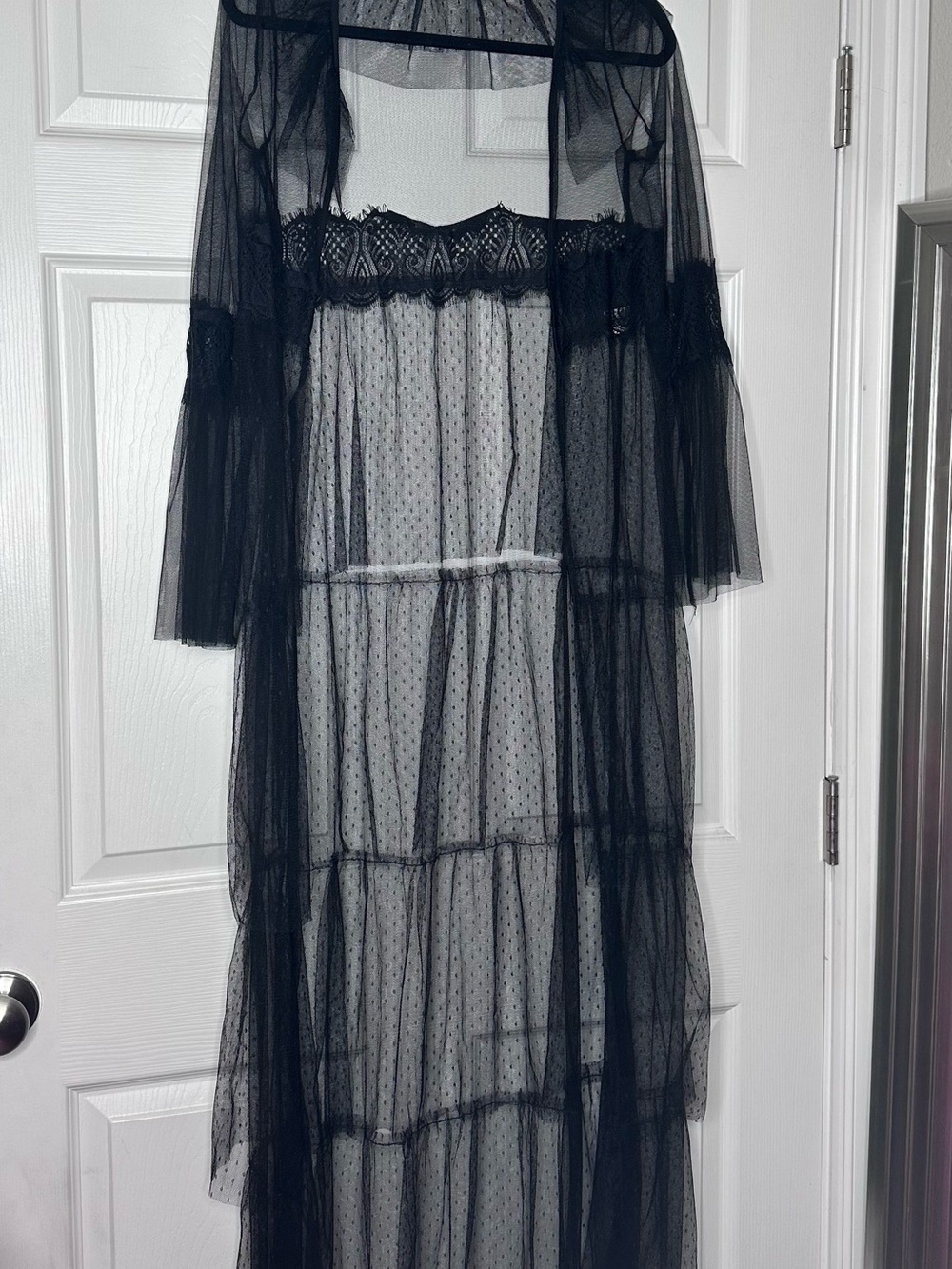 Sheer Ruffled Lace Long Robe/Duster - Black